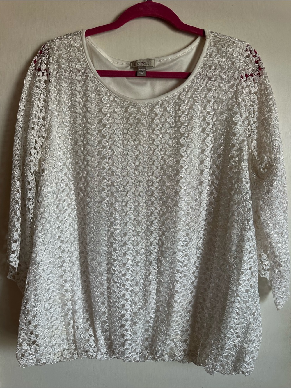 Roz & Ali White Lace Overlay Scoop Neck Blouse